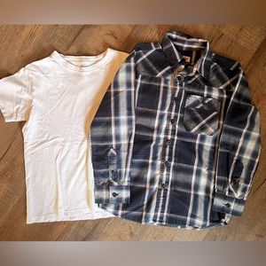 Set of 2 shirts. Route 66 plaid button down and white Tek gear tee. Size Medium